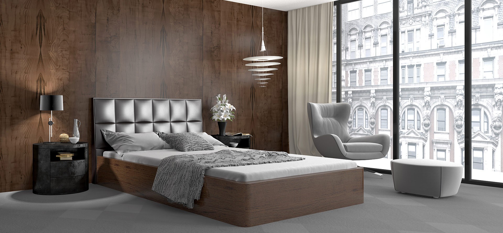 Schlafzimmer mit Wandverkleidung aus Holz